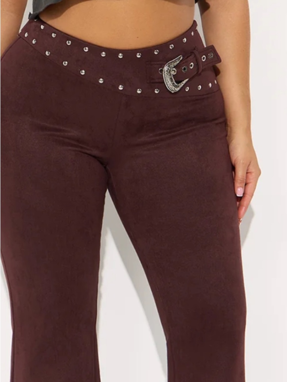 Brown Faux Suede Pants with Studded Belt